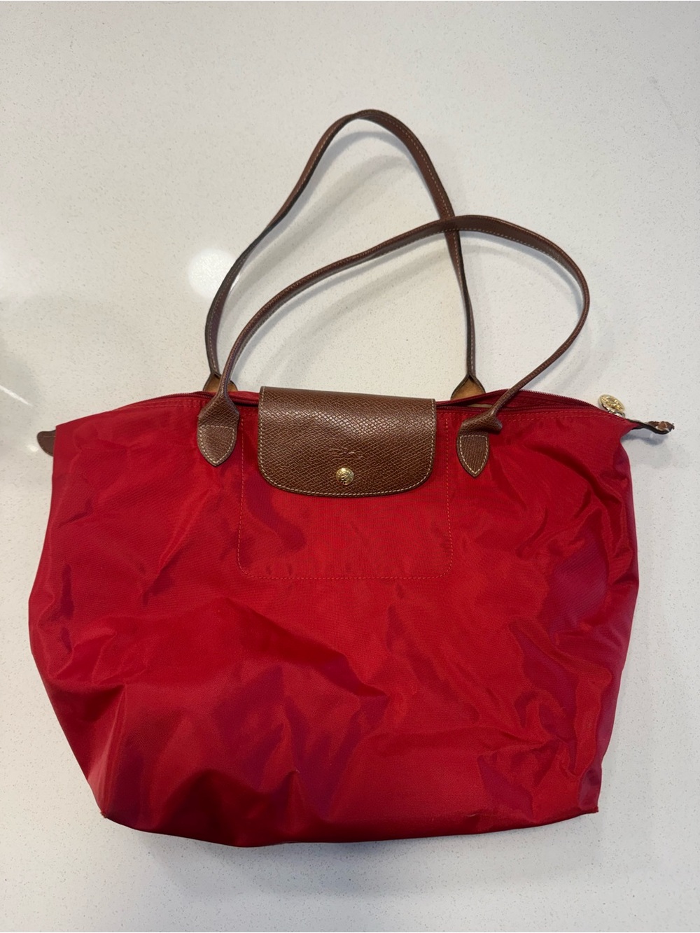 Longchamp Red Nylon Tote with Brown Leather Trim